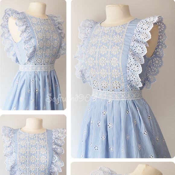 Last☝️ Light Blue Eyelet Embroidered Ruffle Dress - Picture 3 of 8